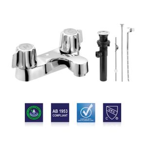 Bathroom Faucet Two Handle, Plastic Pop-Up, Chrome Finish, Brass Shanks, Gerber Style Stem, Plumb Tech