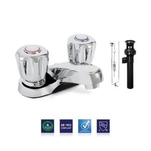 Bathroom Faucet Two Handle, Plastic Pop-Up, Chrome Finish, ABS Handle, Delta Style Stem, Plumb Tech